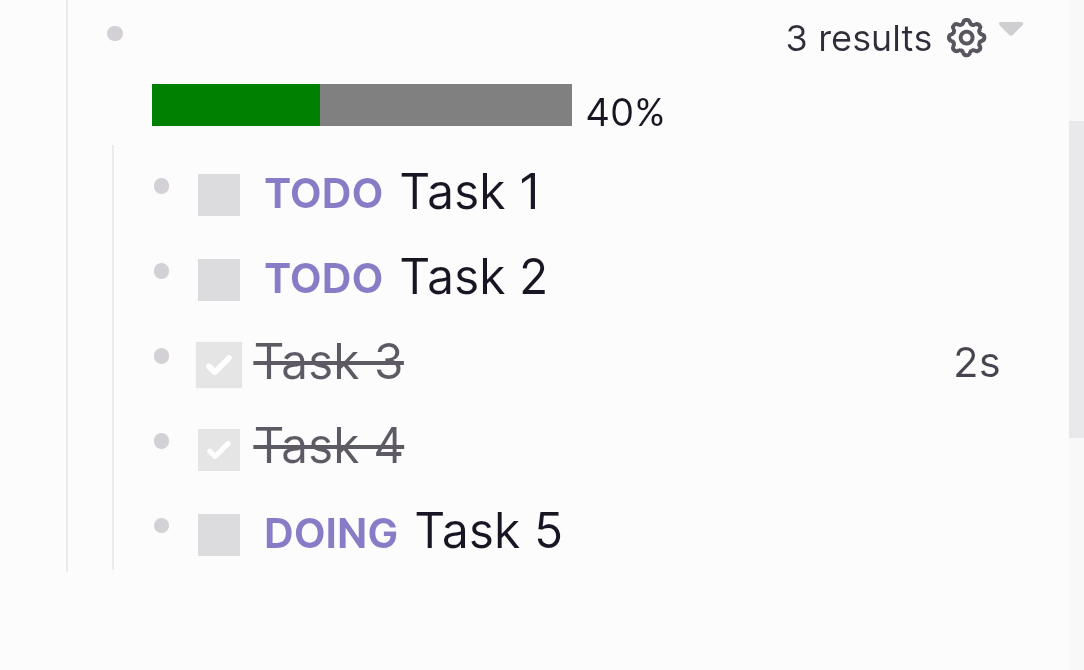 A pprogress bar that shows how many tasks have the marker done in this block.